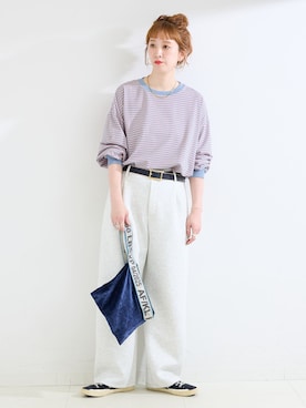 「B.C STOCK（ベーセーストック）の《追加9》【WEB限定】ウォッシャブル / ボーダーロンTEE（Tシャツ/カットソー、ピンク系）」を使った、 Kanakoさん（レディース・163cm）の秋コーディネート