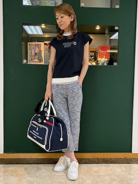 「adabat（アダバット）の【ADABAT NAVY】吸水速乾/接触冷感 フレンチスリーブモックT（Tシャツ/カットソー、ブルー系）」を使った、sioさん（レディース・165cm）の夏コーディネート
