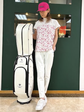 「adabat（アダバット）の【UVカット】クローバープリント切替モックT（Tシャツ/カットソー、ピンク系）」を使った、sioさん（レディース・165cm）の夏コーディネート
