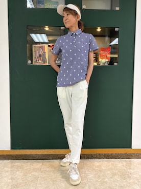 「adabat（アダバット）の【ADABAT NAVY】モノグラムサッカー半袖ポロシャツ（ポロシャツ、ホワイト系）」を使った、sioさん（レディース・165cm）の夏コーディネート