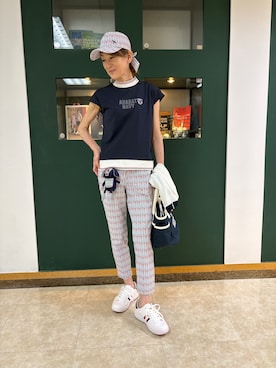 「adabat（アダバット）の【ADABAT NAVY】吸水速乾/接触冷感 フレンチスリーブモックT（Tシャツ/カットソー、ブルー系）」を使った、sioさん（レディース・165cm）の春コーディネート
