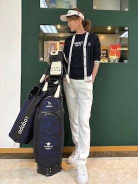「adabat（アダバット）の【ADABAT NAVY】UVカット ケーブルストライプ半袖モックニット（ニット/セーター、ブルー系）」を使った、sioさん（レディース・165cm）の夏コーディネート