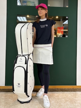「adabat（アダバット）の【ADABAT NAVY】吸水速乾/接触冷感 フレンチスリーブモックT（Tシャツ/カットソー、ブルー系）」を使った、sioさん（レディース・165cm）の夏コーディネート