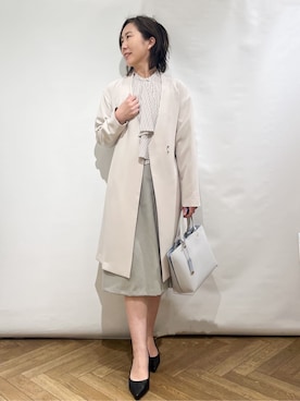 「アイテム（ノーカラーコート、ベージュ系）」を使った、fumiさん（レディース・161cm）の春コーディネート