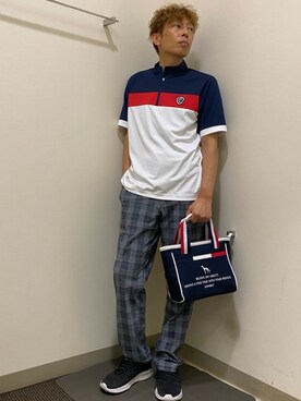 「adabat（アダバット）の【新レーベル ADABAT NAVY】接触冷感 クールタッチグレンチェックプリントパンツ（その他パンツ、ブラック系）」を使った、Yさんの夏コーディネート