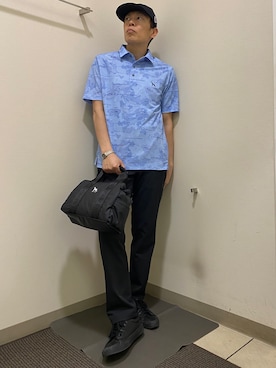 「adabat（アダバット）の【ADABAT NAVY】吸水速乾/UVカット エアロフォトリンクスプリント半袖ポロシャツ（ポロシャツ、ブルー系）」を使った、Yさんの春コーディネート