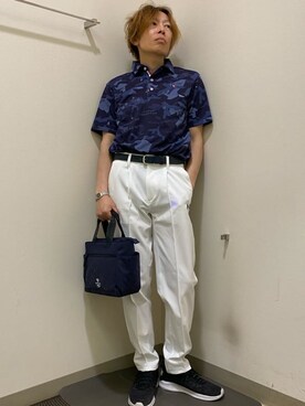 「adabat（アダバット）の【新レーベル ADABAT NAVY】UVカット／吸水速乾 モナコリンクスプリントポロシャツ（ポロシャツ、ブルー系）」を使った、Yさんの春コーディネート