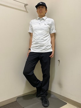 「adabat（アダバット）の【ADABAT NAVY】吸水速乾/UVカット リンクスジャガード半袖ポロシャツ（ポロシャツ、グレー系）」を使った、Yさんの夏コーディネート