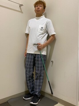 「adabat（アダバット）の【新レーベル ADABAT NAVY】UVカット/吸水速乾 ポケット付モックネックT（Tシャツ/カットソー、ホワイト系）」を使った、Yさんの夏コーディネート