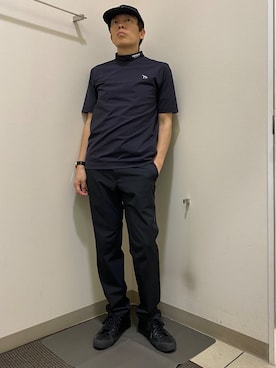 「adabat（アダバット）の【ADABAT NAVY】接触冷感/UVカット ナイロン混ストレッチ半袖モックT（Tシャツ/カットソー、ブラック系）」を使った、Yさんの春コーディネート