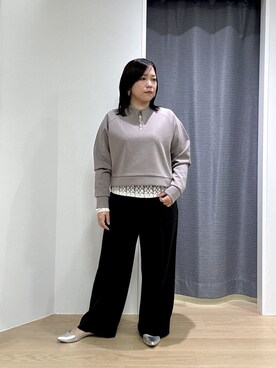 「GALLEST（ギャレスト）のComfy SET UP｜イージーストレートワイドパンツ【セットアップ対応／通勤/カセット服】（その他パンツ、ブラック系）」を使った、Akiさん（レディース・153cm）の秋コーディネート