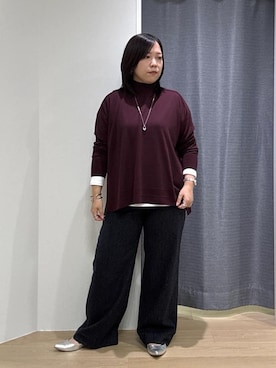 「INDIVI（インディヴィ）の【洗える／毛玉になりにくい】エクストラファインウール ハイネックニット（ニット/セーター、レッド系）」を使った、Akiさん（レディース・153cm）の秋コーディネート