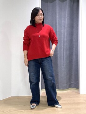 「INDIVI（インディヴィ）の【冬ニット人気NO．1！／カシミヤ混】ミドルゲージハイネックニット（ニット/セーター、レッド系）」を使った、Akiさん（レディース・153cm）の秋コーディネート