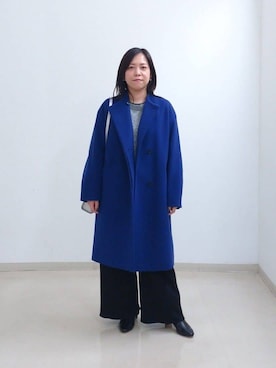 「INDIVI（インディヴィ）の【ウール】コクーンシルエットフォルムコート（ノーカラーコート、ブルー系）」を使った、Akiさん（レディース・153cm）の冬コーディネート