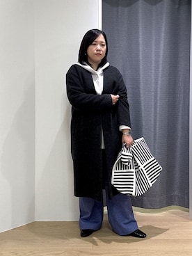 「INDIVI（インディヴィ）の【軽量／ウール混】ライトフォルム ロングコート（ノーカラーコート、グレー系）」を使った、Akiさん（レディース・153cm）の秋コーディネート