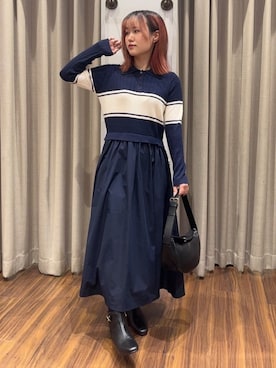 「grove（グローブ）の【時短コーデ】ポロニットドッキングワンピース（ワンピース、ブルー系）」を使った、あまねさん（レディース・153cm）の秋コーディネート
