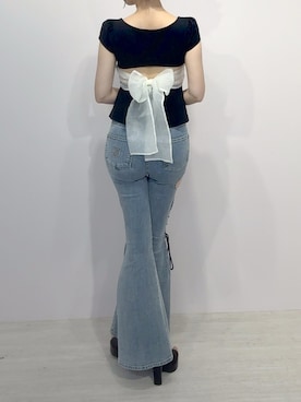 「EATME（イートミー）のBACKリボンペプラムTOP（Tシャツ/カットソー、ブラック系）」を使った、水城寧々_mizuki neneさん（レディース・165cm）の夏コーディネート