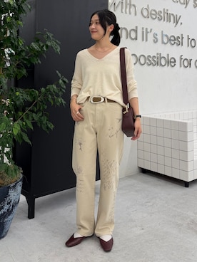 「B.C STOCK（ベーセーストック）のウォッシャブル / DU JOUR / デュ ジュール SCRIPT PIPE JEAN（デニムパンツ、ベージュ系）」を使った、nachiさん（レディース・163cm）の秋コーディネート