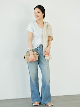 「plage（プラージュ）のJOHNBULL / ジョンブル 別注 FLARE デニム（デニムパンツ、ブルー系）」を使った、seriさん（レディース・158cm）の夏コーディネート