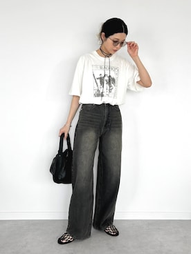 「anuke（アンヌーク）のBalloon Band T-shirts（Tシャツ/カットソー）」を使った、OKIRIさん（レディース・161cm）の夏コーディネート