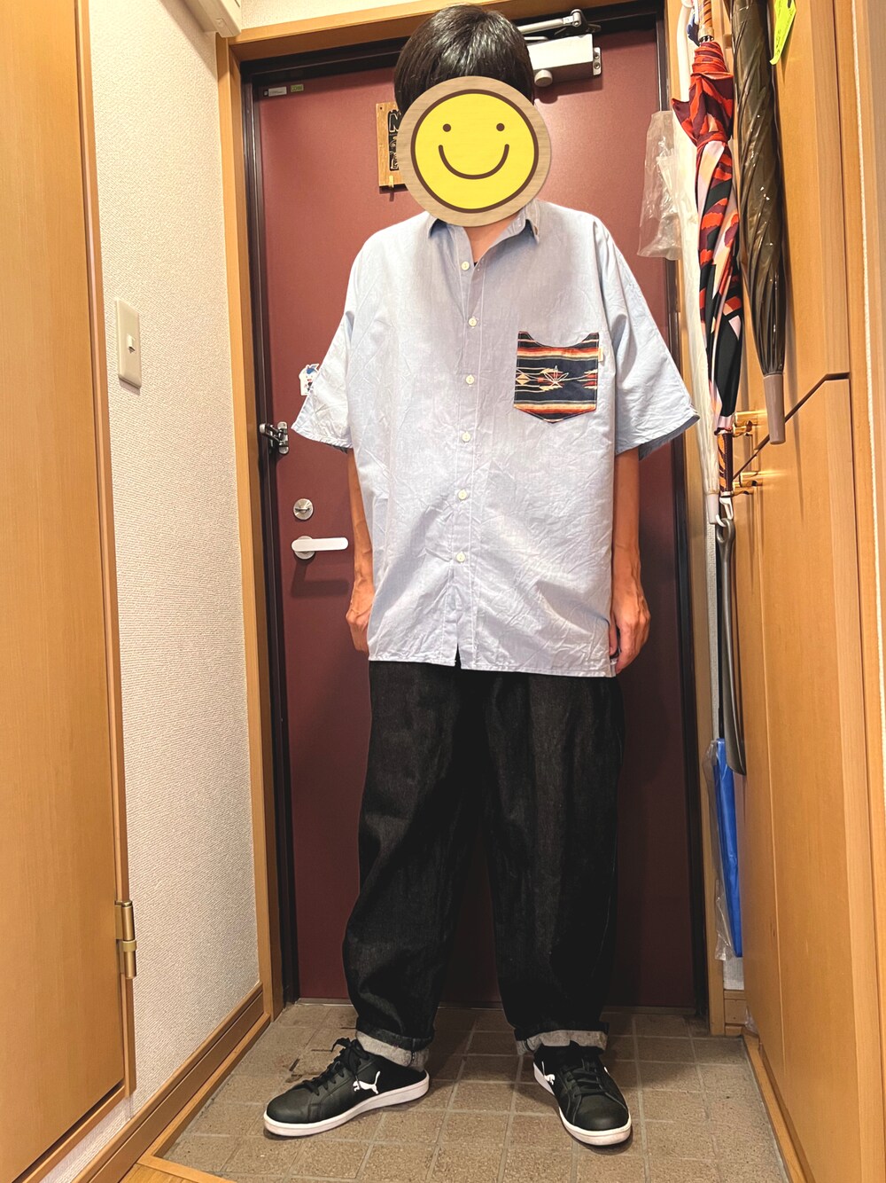 「シャツ、バルーンパンツ、バルーンデニム、オーバーサイズ、ビッグシルエット、ANIMALIA、アニマリア、Subciety、サブサエティ(Subciety)」｜「ANIMALIAのアイテム（シャツ/ブラウス、ブルー系）」を使った、どるちさん（メンズ・171cm）の夏コーディネートの1枚目の写真