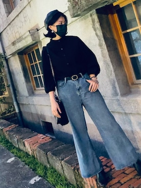 「牛仔直筒寬褲のアイテム（デニムパンツ、ブルー系）」を使った、Janice 🇹🇼さん（レディース・162cm）の冬コーディネート