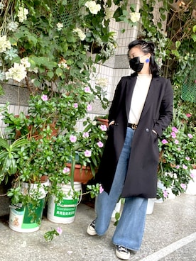 「Home Shopのアイテム（チェスターコート、ブラック系）」を使った、Janice 🇹🇼さん（レディース・162cm）の春コーディネート