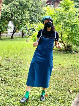 「牛仔吊帶裙のアイテム（デニムスカート、ブルー系）」を使った、Janice 🇹🇼さん（レディース・162cm）の夏コーディネート