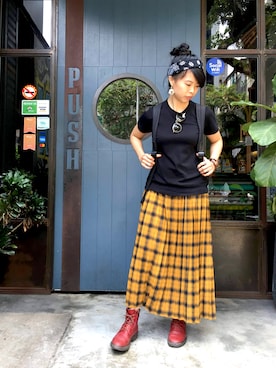 「橘黃格紋長裙のアイテム（スカート、オレンジ系）」を使った、Janice 🇹🇼さん（レディース・162cm）の春コーディネート