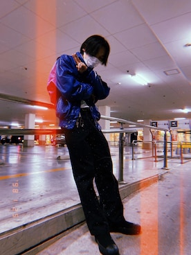 「俺には古着しかないんだよのアイテム（ライダースジャケット、ブルー系）」を使った、あおいさん（メンズ・177cm）の冬コーディネート