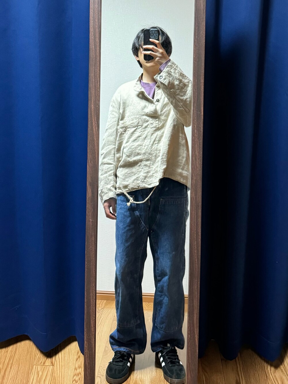 「ヴィンテージ、40s、ドイツ軍、リネンプルオーバー、ダブルニー、Kendrick Lamar、hip-hop」｜「VINTAGEの30~40s WWII German Navy “Kriegsmarine” Drillich Linen Smock（トップス、ホワイト系）」を使った、Rさん（メンズ・31cm）の夏コーディネートの1枚目の写真