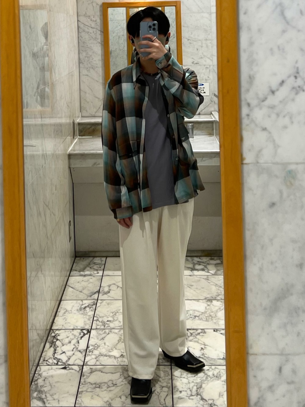 「チェックシャツ、カラーパンツ、オンブレーチェックシャツ、The Funky Knuckles、Snarky Puppy、Mark Lettieri、Jazz Fusion」｜「SUGARHILLのOmbré Check Panama Open-collar Shirt (21SS)（シャツ/ブラウス、その他）」を使った、Rさん（メンズ・244cm）の秋コーディネートの1枚目の写真
