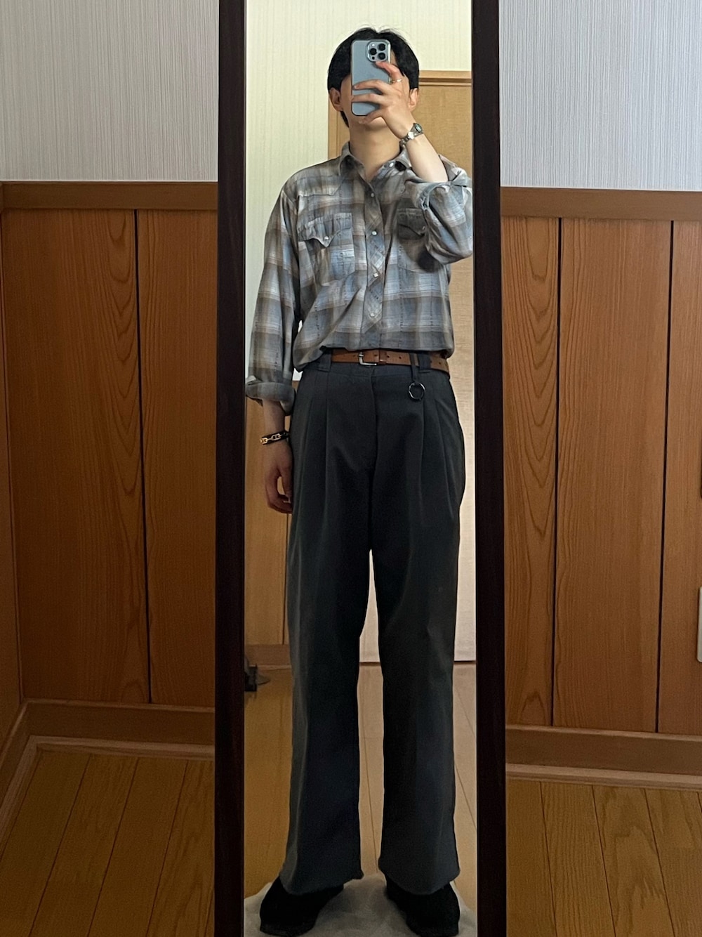 「ヴィンテージ、ウエスタンシャツ、オンブレーチェックシャツ、60’s、Cody Fry、Cory Wong、funk」｜「VINTAGEの60s LEVI’S Ombre Check Western Shirt (サドルマンタグ)（シャツ/ブラウス、その他）」を使った、Rさん（メンズ・244cm）の夏コーディネートの1枚目の写真