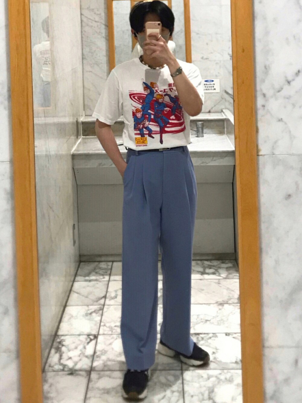 「バンドT、カラーパンツ、ワイドパンツ、Sonic Youth、Alternative」｜「HYSTERIC GLAMOURのSONIC YOUTH/HYSTERIC COMICS Tシャツ（Tシャツ/カットソー、ホワイト系）」を使った、Rさん（メンズ・244cm）の夏コーディネートの1枚目の写真