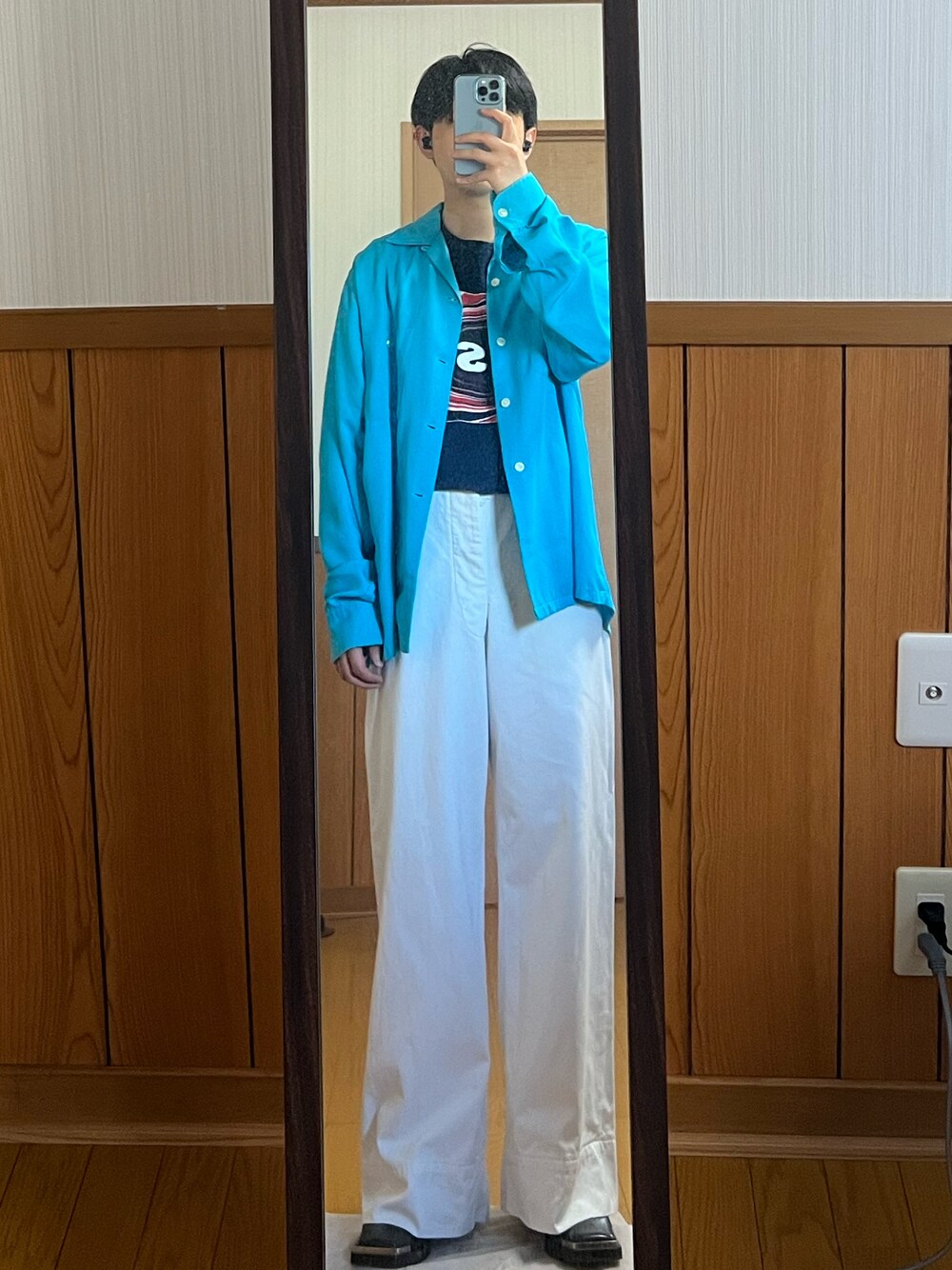 「ヴィンテージ、レーヨンシャツ、ミリタリー、oasis、Bring Me The Horizon、Hard Rock」｜「VINTAGEの50s TOWNCRAFT Turquoise Rayon Open Collar Shirt (USA製)（シャツ/ブラウス、ブルー系）」を使った、Rさん（メンズ・244cm）の夏コーディネートの1枚目の写真
