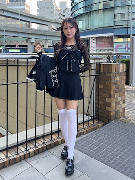 「ミニスカート」｜「アイテム（Tシャツ/カットソー、ブラック系）」を使った、Mitsukiさん（レディース・153cm）の夏コーディネート