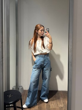 「eL（エル）の【eL】Denim Painter Pants/645132（デニムパンツ、ブルー系）」を使った、𝑴𝑨𝑹𝑰さん（レディース・158cm）の春コーディネート