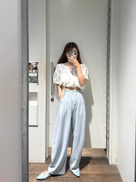 「eL（エル）の【eL】Satin Flat Mules/670003（サンダル、ブルー系）」を使った、𝑴𝑨𝑹𝑰さん（レディース・158cm）の春コーディネート