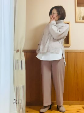 「ストレートパンツ」｜「アイテム（ニットキャップ/ビーニー）」を使った、葉月さん（レディース・154cm）の冬コーディネート
