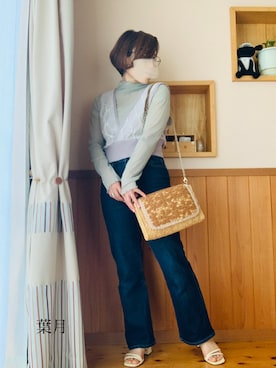 「アイテム（音楽/本・雑誌、ブルー系）」を使った、葉月さん（レディース・154cm）の夏コーディネート
