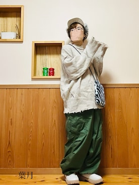 「スーパーワイドカーゴパンツ」｜葉月さん（レディース・154cm）の冬コーディネート