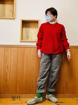 「ケーブルニット」｜「アイテム（モカシン/デッキシューズ）」を使った、葉月さん（レディース・154cm）の冬コーディネート