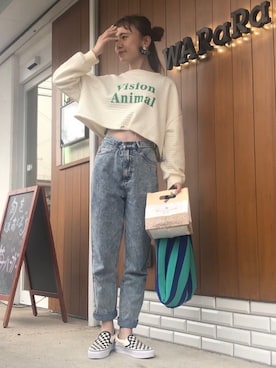 「クロップドトップス」｜「アイテム（スリッポン）」を使った、ᴍ ᴀ ʀ ɪ  さん（レディース・157cm）の春コーディネート