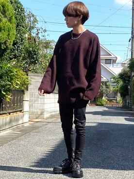 ニット セーターを使った ワインレッド のメンズ人気ファッションコーディネート Wear