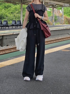 「無印良品（ムジルシリョウヒン）の婦人 天竺編みフレンチスリーブＴシャツ（Tシャツ/カットソー、グレー系）」を使った、マルルン♪ さん（レディース・159cm）の夏コーディネート
