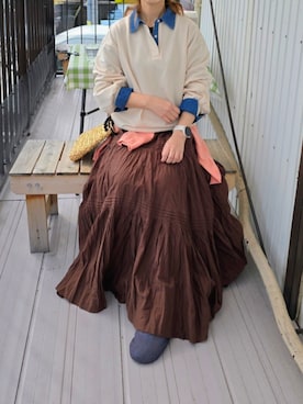 「ANGIE（アンジー）のデニム襟 ドッキング フェイクレイヤード スウェット トップス（スウェット、ホワイト系）」を使った、マルルン♪ さんの春コーディネート