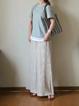 「ikka（イッカ）の【接触冷感】鹿の子裾レイヤードプルオーバー（Tシャツ/カットソー、グリーン系）」を使った、マルルン♪ さん（レディース・159cm）の春コーディネート