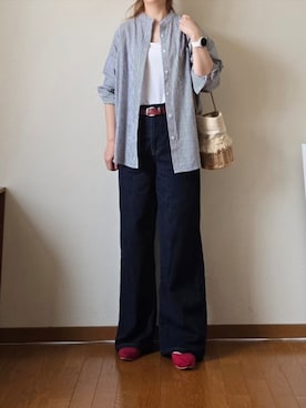 「OMNES（オムネス）のオーバーサイズバンドカラーストライプ長袖シャツ（シャツ/ブラウス、ブラック系）」を使った、マルルン♪ さん（レディース・159cm）の春コーディネート