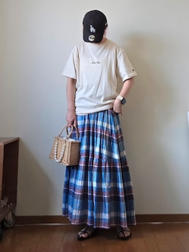 「NEW ERA（ニューエラ）の【ユニセックス】NEW ERA/ニューエラ オーバーサイズ/バックプリントTシャツ 14670939/14670940/14670941（Tシャツ/カットソー）」を使った、マルルン♪ さん（レディース・159cm）の夏コーディネート
