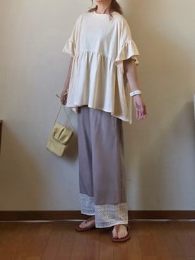 「reca（レカ）のフレンチフリル袖ワイドカットソー（Tシャツ/カットソー、ホワイト系）」を使った、マルルン♪ さん（レディース・159cm）の春コーディネート